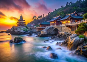 Naklejka premium Serene Sunrise at Yonggungsa Temple, Busan, South Korea - Coastal Temple Dawn
