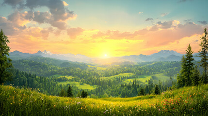 Obraz premium Sunset over mountain valley, wildflowers foreground. Travel brochure use