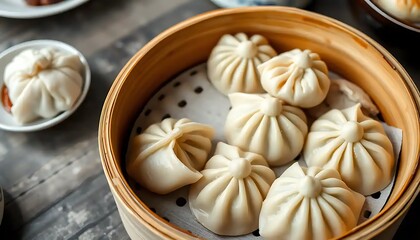 Steaming basket containing several freshly prepared and delicious soup dumplings