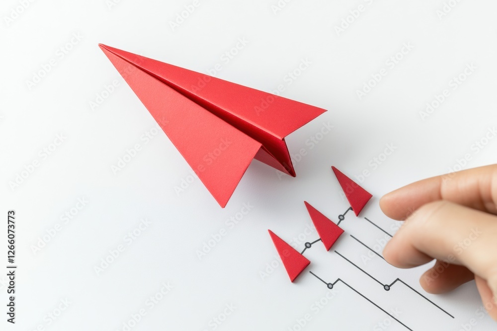 Poster red paper plane representing business strategy and success, illustrating innovation and solutions on