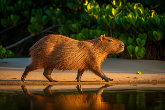 Chig&uuml;ire  walking along a sandy shore in profile view with lush background vegetation and warm evening light highlighting its brown fur