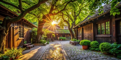 Serene Wooden Courtyard: Peaceful Shady Escape with Lush Trees