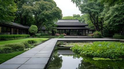 Fototapeta premium Serene Japanese Garden with Stone Path and Pond