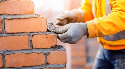 Construction worker applying mortar to brick wall, sunny day, building site background
