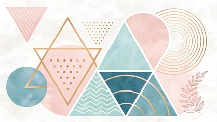 Stylish geometric pattern with pastel colors and metallic accents on textured background, copy space