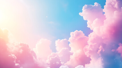 Fluffy pink clouds drift across a blue sky, bathed in warm sunlight.