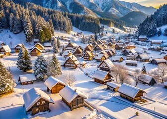 Shirakawa-go Snow Village Aerial View: Winter Wonderland in Japan