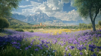 Obraz premium Mountain Valley Meadow Bloom; Sunny Landscape