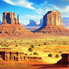 Dramatic sandstone buttes rise from a sandy desert landscape under a bright blue sky with scattered clouds.