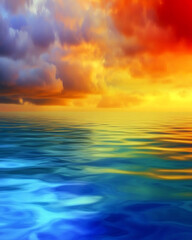 Obraz premium Vibrant sunset over calm ocean waters, with orange, yellow, and blue hues reflecting in the gentle waves.