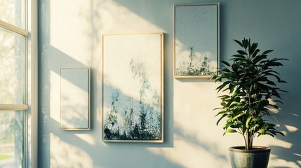 Sunny art gallery corner with abstract paintings and potted plant