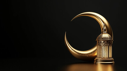 Golden crescent moon and ornate lantern on a black background, elegant Islamic decoration symbolizing Ramadan, Eid, spiritual blessings, traditional Muslim culture, and religious celebrations