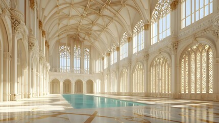 Fototapeta premium White Ornate Gothic Indoor Pool With Marble Floor And Bright Natural Lighting