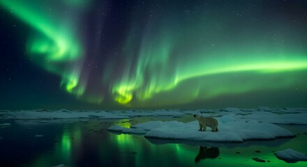 A polar bear under frozen tundra aurora borealis, icy tundra illuminated by the vibrant green and purple hues of the Northern Lights, social media stock photo, 16:9