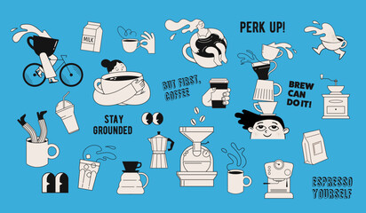 Collection of coffee illustrations and icons. Cafe and coffeeshop design. Concept characters with coffee mugs and utensils. Modern minimalist flat art. Perfect for coffee stores, prints, stickers.