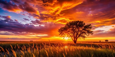 Silhouetted Trees in Sunset Field - Dramatic Landscape Photography