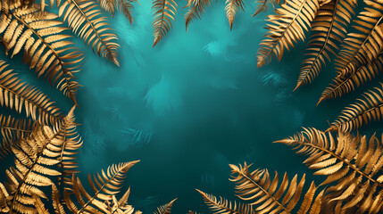 Golden fern leaves frame on teal background; ideal for invitations or social media. Aether-Filled Caverns. Illustration