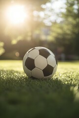 Fototapeta premium Soccer ball on grass lawn. Outdoor activity.