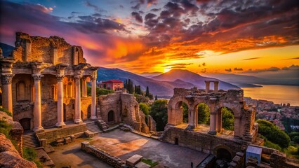 Fototapeta premium Silhouette of Ancient Greek Theatre Ruins at Sunset, Taormina, Sicily