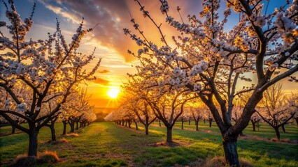 Silhouette of Blossoming Orchard Trees at Sunset - Spring Nature Photography