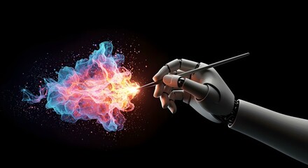 Fototapeta premium AI-powered art creation, robotic hand holding a digital paint brush, on black background, social media technology stock photo, 16:9