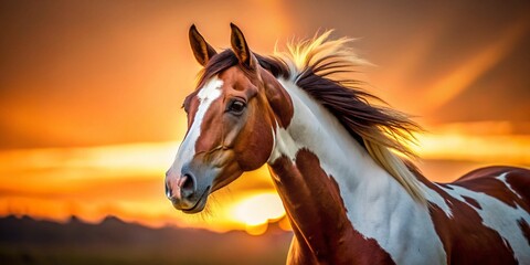 Obraz premium Silhouette of Brown and White Horse, Unique Face Markings, Dramatic Lighting