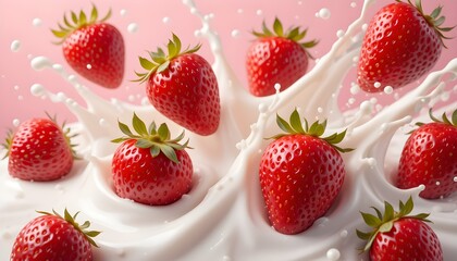 Fresh Strawberries Splashing in Milk on a Pink Background
