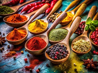 Fototapeta premium Silhouette of Colorful Spices and Dried Herbs on Wooden Spoons