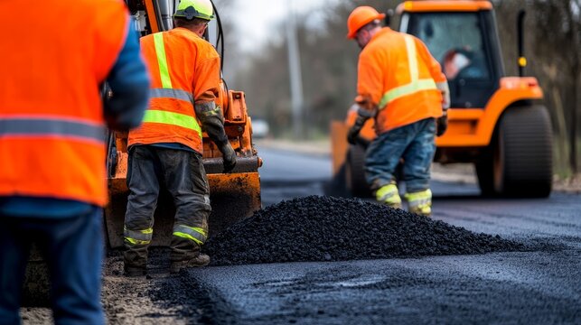 Construction worker laying asphalt on a road with machinery in the background, showcasing teamwork