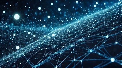 Abstract digital network connection background with glowing nodes and bokeh lights.