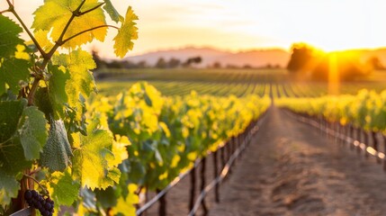 Naklejka premium Lush vineyard at sunset with rows of grapevines and golden sunlight illuminating the landscape
