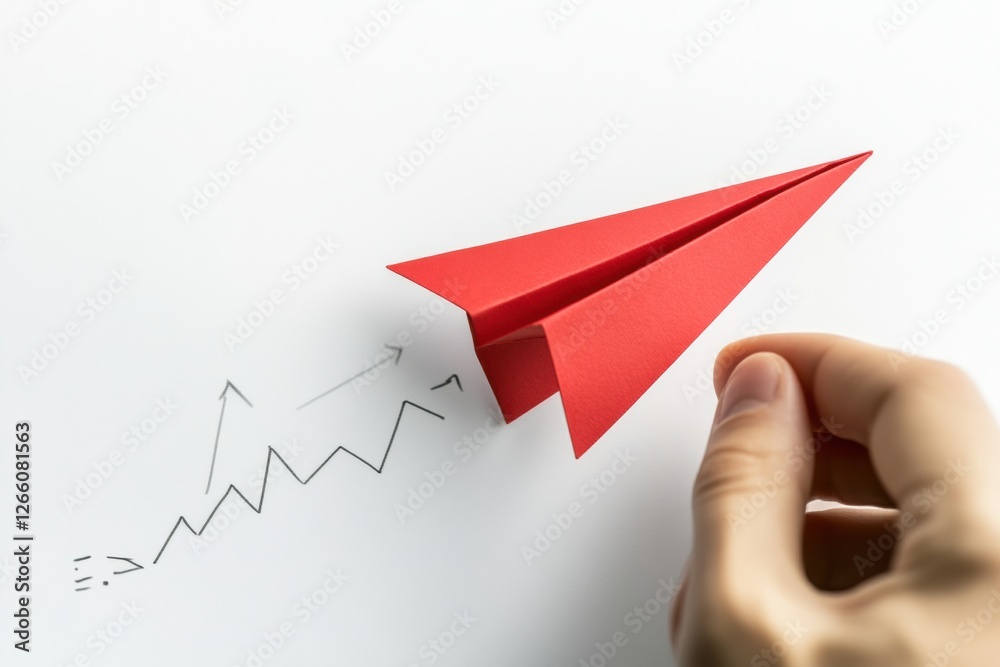 Aufkleber red paper plane exemplifies innovative business strategy with upward growth on a clean white backdro