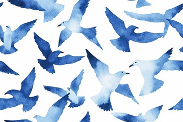 Obraz premium Watercolor navy blue abstract Seagull seamless pattern. Sea life. Flying Gull Birds silhouettes in the sky.