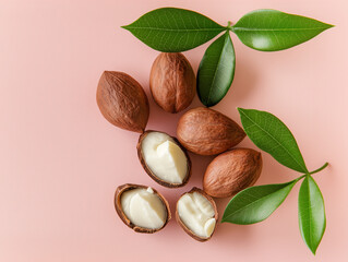 Simple, spacious flat lay featuring a balanced arrangement of a few whole shea nuts and one or two split shea nuts, revealing their creamy, textured interiors