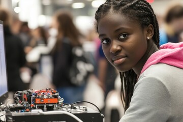 Young african female engaged in robotics technology display at science expo