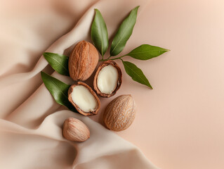 Simple, spacious flat lay featuring a balanced arrangement of a few whole shea nuts and one or two split shea nuts, revealing their creamy, textured interiors
