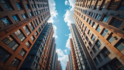 A low-angle view of towering urban apartment buildings against a vivid blue sky with scattered clouds. A perfect cityscape representing modern architecture and urban living.