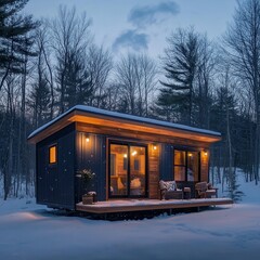 Fototapeta premium Cozy modern cabin illuminated amidst snowy winter forest landscape