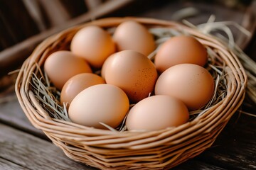 Freshly Laid Eggs: A wicker basket overflowing with a dozen plump, brown eggs nestled in a bed of dried hay. The warm hues and rustic setting evoke a sense of fresh, farm-to-table goodness.  