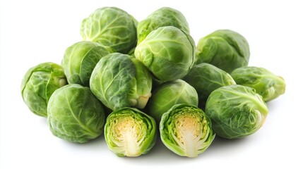 fresh Brussels sprouts, flat white background, 16:9