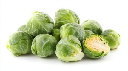 fresh Brussels sprouts, flat white background, 16:9