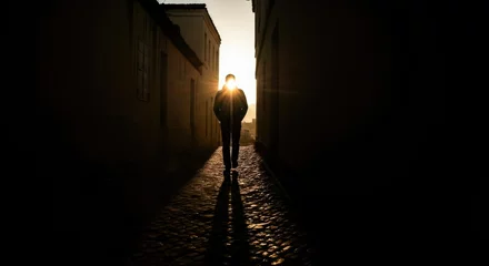 Photo sur Plexiglas Silhouette of a lone male walking in narrow city street at sunset