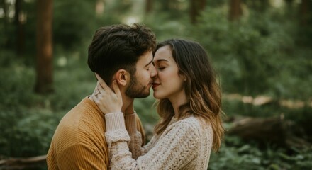 Naklejka premium Young caucasian couple sharing a romantic moment in a forest setting