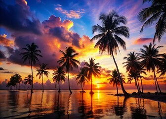 Silhouette of Palm Trees at Sunset on Tropical Island Beach