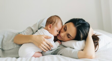 Asian female adult with baby relaxing on bed in gentle embrace