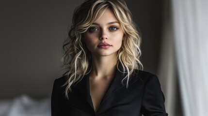 Young adult caucasian female with wavy blonde hair in dark jacket indoors