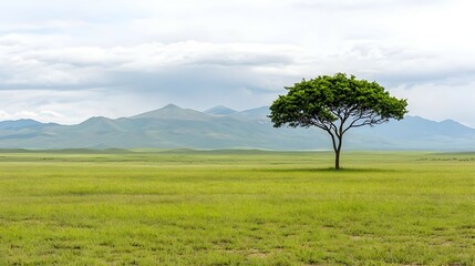 Obraz premium Single Tree in a Vast Grassland with Mountain Background