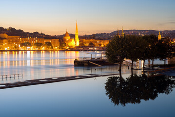 Night Buda view from across the river during flood