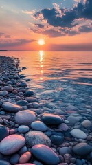 Serene Coastal Sunset Reveals Tranquil Rocks and Clear Water. Generative AI
