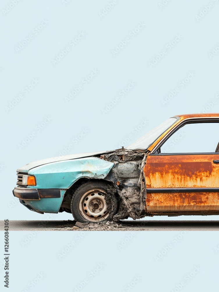 Poster comparison of a dented, rusted car with a perfectly repaired vehicle showcasing contrasting vehicle 